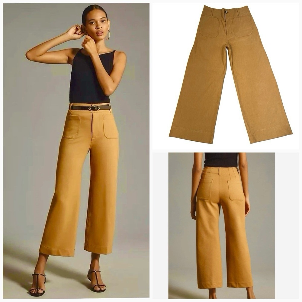 Anthropologie Maeve The Colette Cropped Wide-Leg Pant Magic Fabric Camel Sz 29